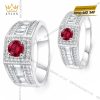 Nhẫn cặp vàng trắng Au750 đính sapphire đỏ