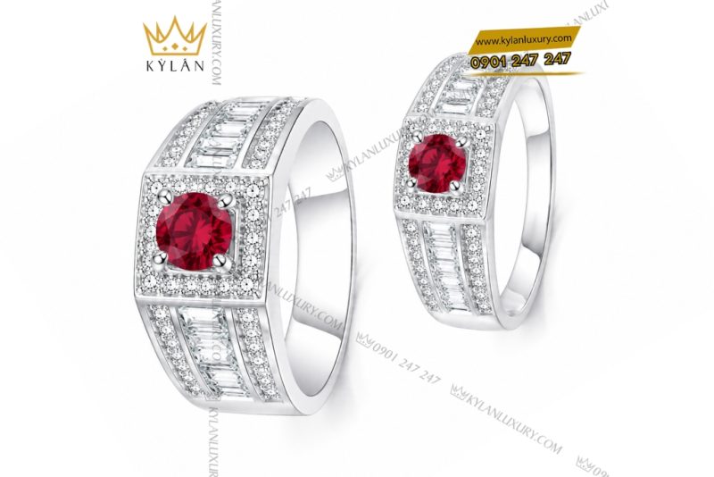 Nhẫn cặp vàng trắng Au750 đính sapphire đỏ