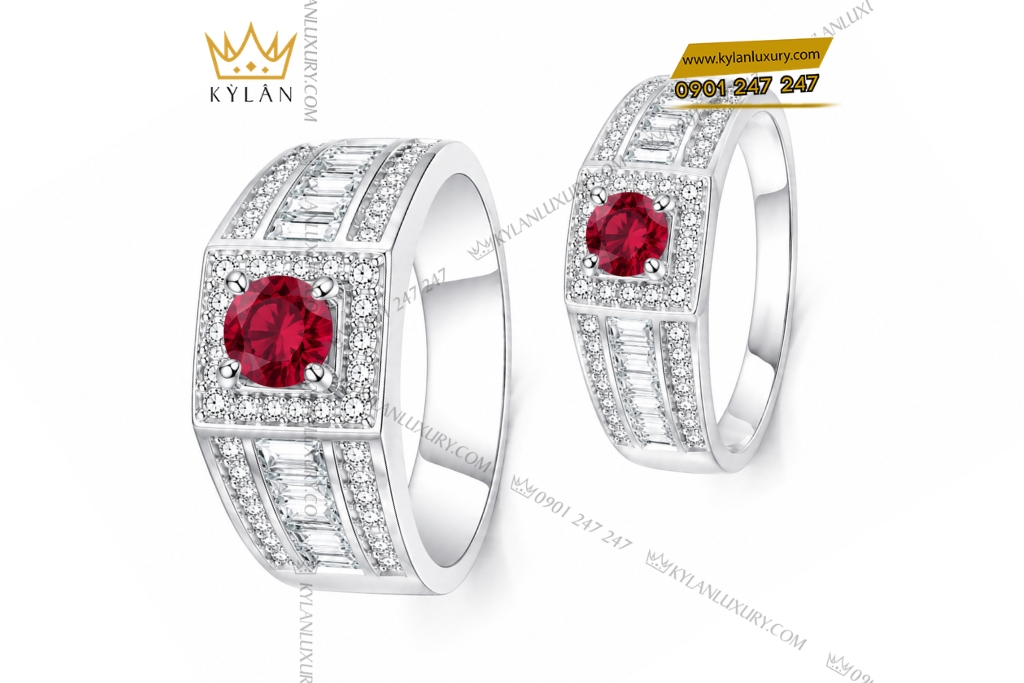 Nhẫn cặp vàng trắng Au750 đính sapphire đỏ 10 Kỳ Lân Luxury Cap nhan vang trang Au750 dinh sapphire do 4 Nhẫn cặp vàng trắng Au750 đính sapphire đỏ
