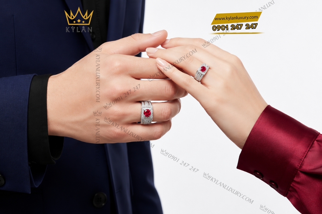 Nhẫn cặp vàng trắng Au750 đính sapphire đỏ 14 Kỳ Lân Luxury Cap nhan vang trang Au750 dinh sapphire do 8 Nhẫn cặp vàng trắng Au750 đính sapphire đỏ