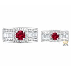 Nhẫn cặp vàng trắng Au750 đính sapphire đỏ