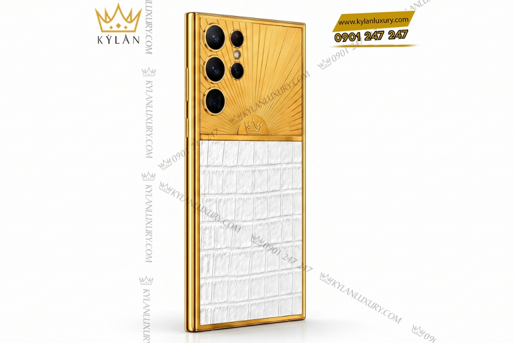 Điện thoại Samsung Galaxy S26 Ultra custom vàng bọc da cá sấu 3 Điện thoại Samsung Galaxy S26 Ultra custom vàng bọc da cá sấu