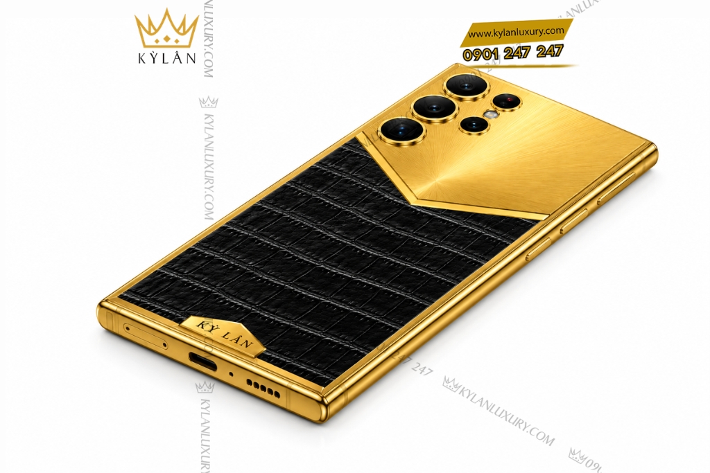 Điện thoại Samsung Galaxy S26 Ultra custom vàng bọc da cá sấu 