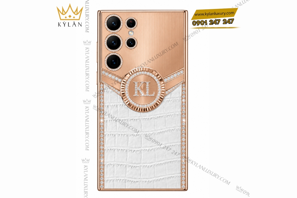 Điện thoại Samsung Galaxy S26 Ultra custom vàng hồng bọc da cá sấu đính kim cương