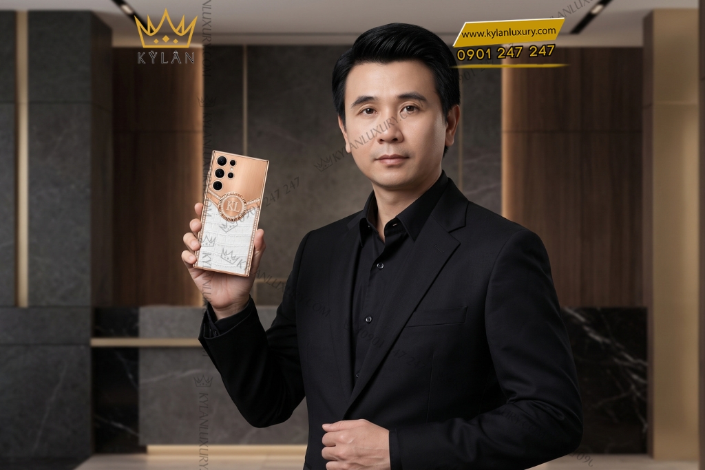 Điện thoại Samsung Galaxy S26 Ultra custom vàng hồng bọc da cá sấu đính kim cương