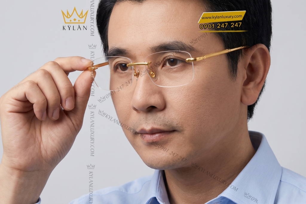 Mắt kính vàng Au750 không viền càng họa tiết khoen tròn