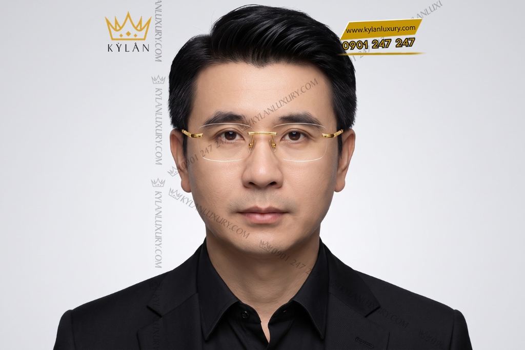Kỳ Lân Luxury Mat kinh vang Au750 khong vien cang hoa tiet khoen tron 8 Mắt kính vàng Au750 không viền càng họa tiết khoen tròn