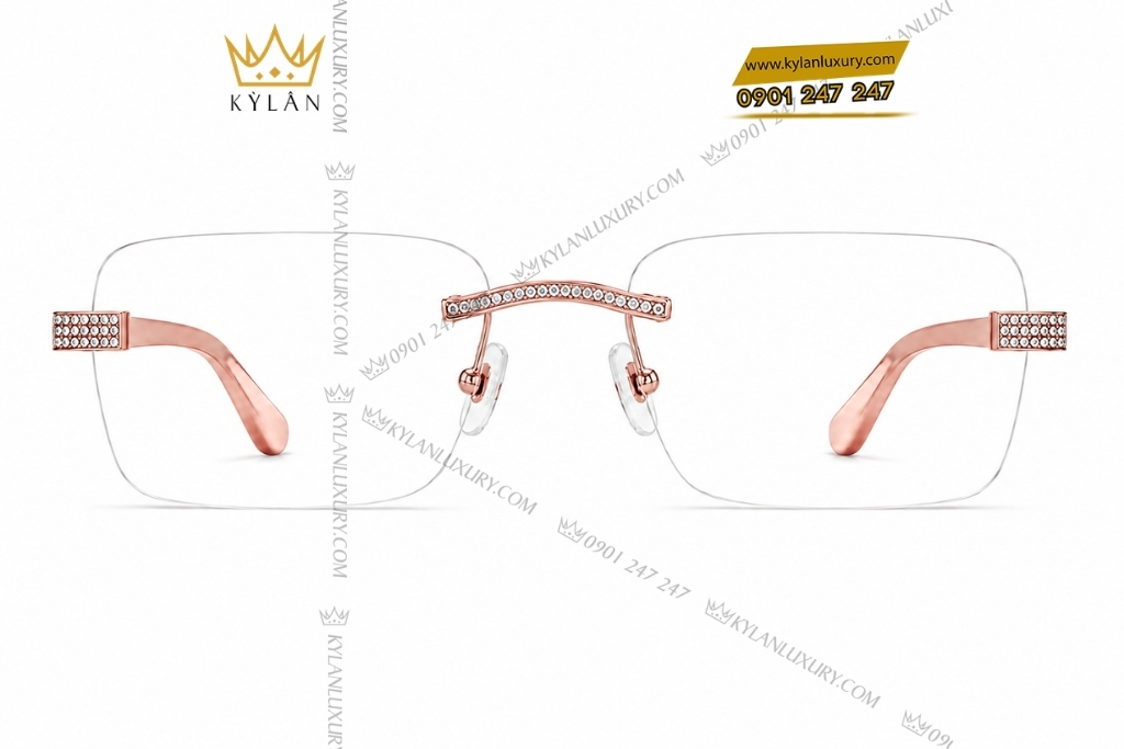 Kỳ Lân Luxury Mat kinh vang hong Au750 dinh kim cuong 1 9 Mắt kính vàng hồng Au750 đính kim cương