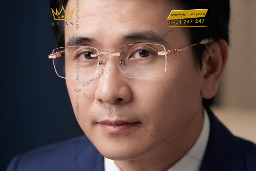 Mắt kính vàng hồng Au750 đính kim cương