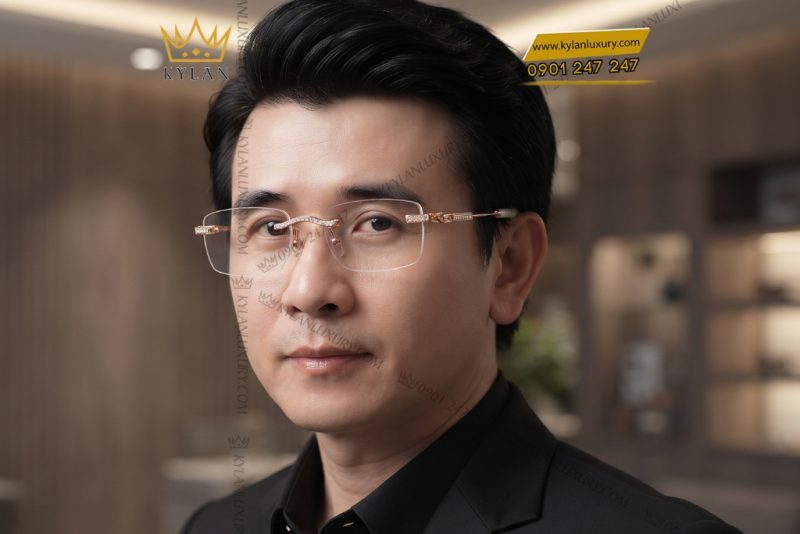 Mắt kính vàng hồng Au750 đính kim cương