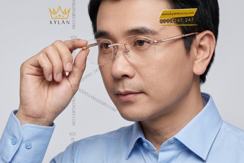 Mắt kính vàng hồng Au750 đính kim cương