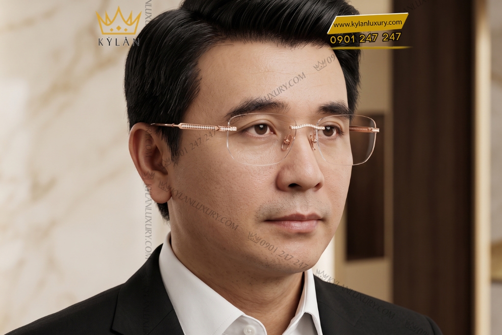 Mắt kính vàng hồng Au750 đính kim cương