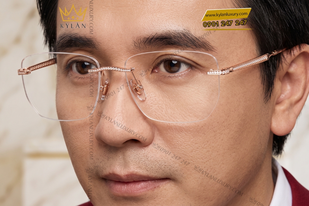 Mắt kính vàng hồng Au750 đính kim cương