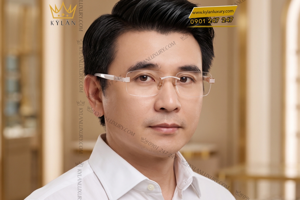Mắt kính vàng hồng Au750 đính kim cương