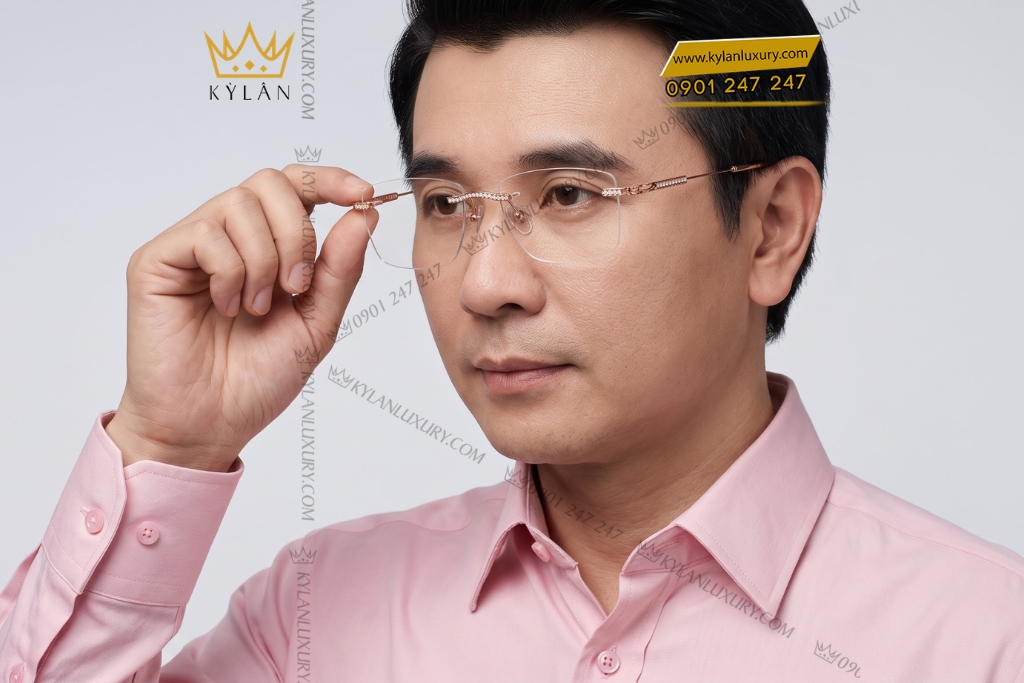 Mắt kính vàng hồng Au750 đính kim cương