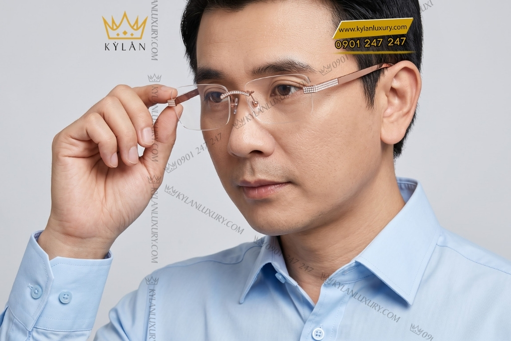 Mắt kính vàng hồng Au750 đính kim cương