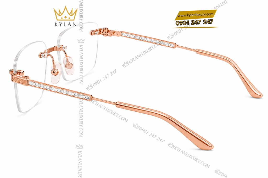 Mắt kính vàng hồng Au750 đính kim cương baguette