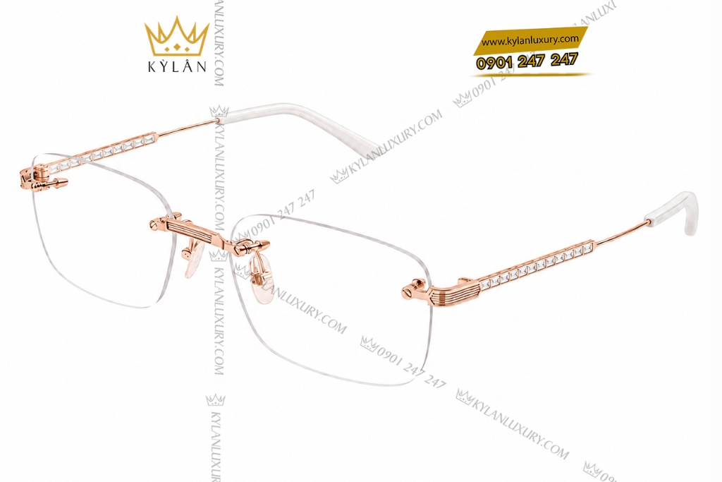 Mắt kính vàng hồng Au750 đính kim cương baguette 12 Kỳ Lân Luxury Mat kinh vang hong Au750 dinh kim cuong baguette 5 Mắt kính vàng hồng Au750 đính kim cương baguette