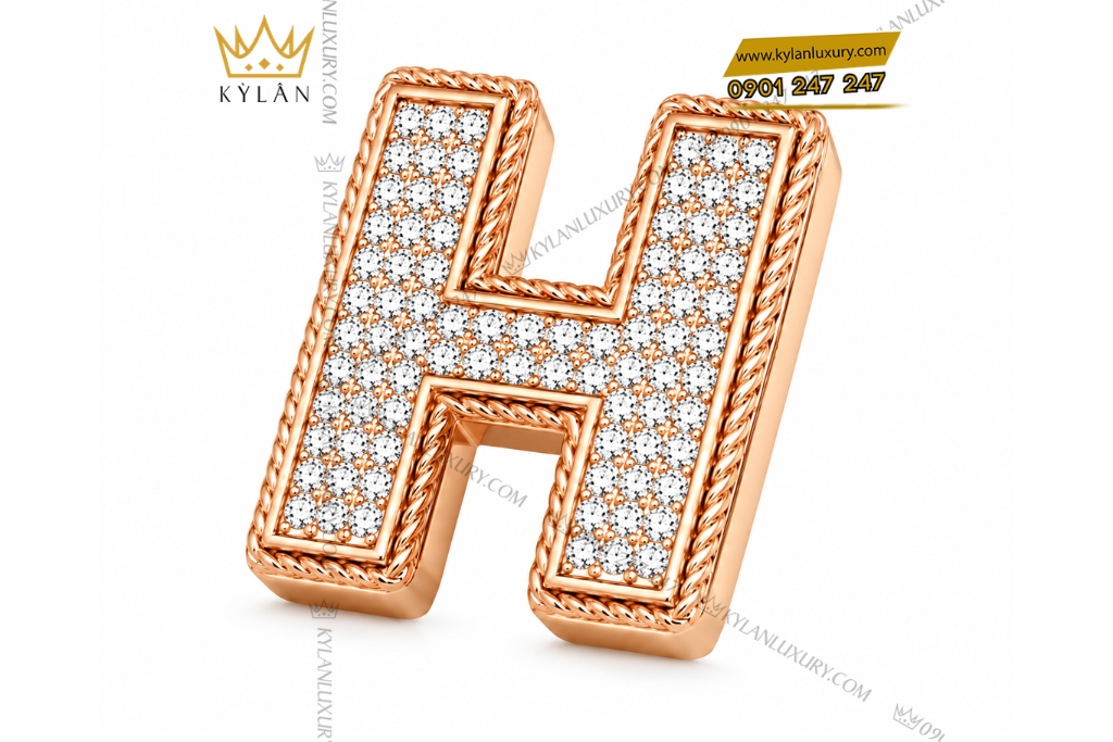 Mặt thắt lưng chữ H vàng hồng Au750 đính kim cương