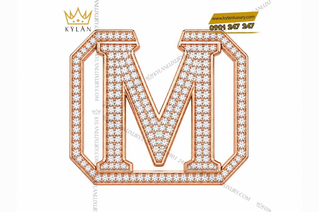 Kỳ Lân Luxury Mat that lung chu M vang hong Au750 dinh kim cuong 1 1 Mặt thắt lưng chữ M vàng hồng Au750 đính kim cương