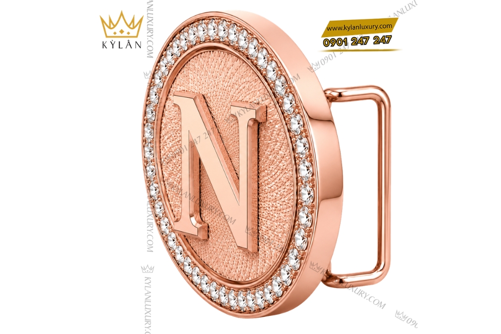 Mặt thắt lưng chữ N Oval vàng hồng Au750 viền kim cương