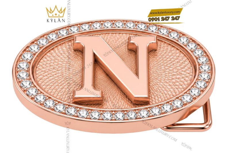 Mặt thắt lưng chữ N Oval vàng hồng Au750 viền kim cương