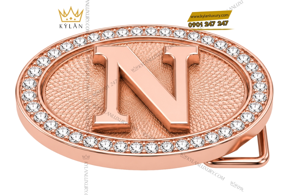 Mặt thắt lưng chữ N Oval vàng hồng Au750 viền kim cương