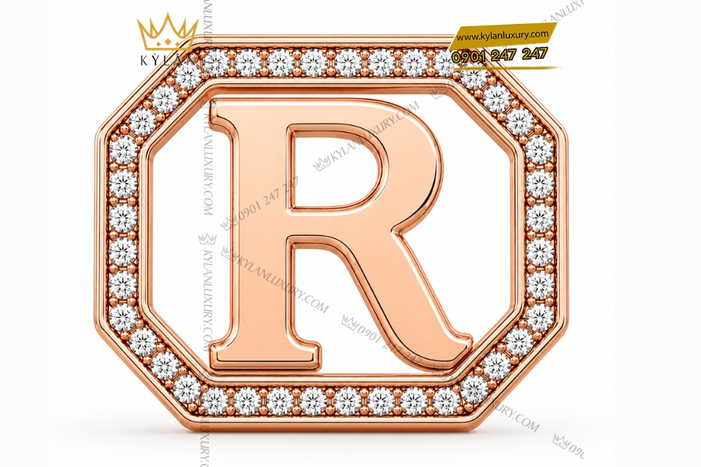 Kỳ Lân Luxury Mat that lung chu R vang hong Au750 vien kim cuong 1 Mặt thắt lưng chữ R vàng hồng Au750 viền kim cương