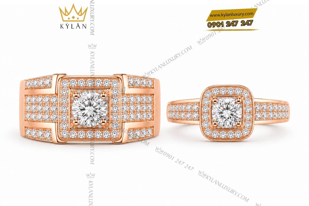 Nhẫn cặp vàng hồng Au750 đính kim cương