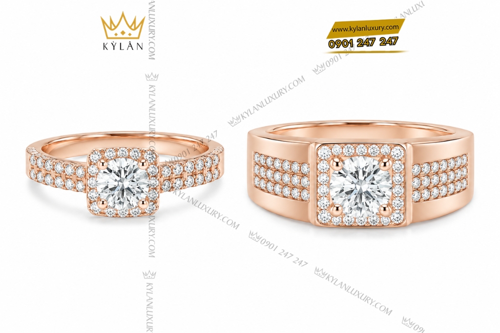 Nhẫn cặp vàng hồng Au750 đính kim cương 8 Kỳ Lân Luxury Nhan cap vang hong Au750 dinh kim cuong 1 Nhẫn cặp vàng hồng Au750 đính kim cương