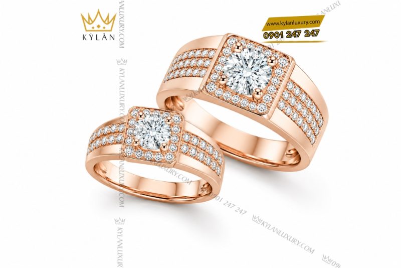 Nhẫn cặp vàng hồng Au750 đính kim cương