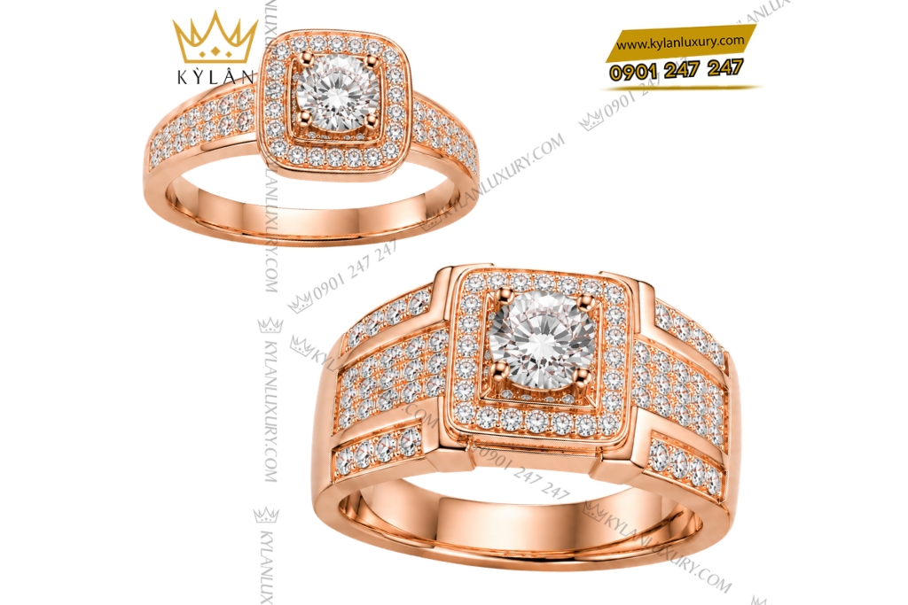 Nhẫn cặp vàng hồng Au750 đính kim cương
