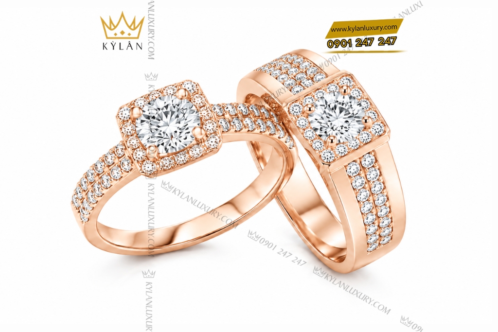 Nhẫn cặp vàng hồng Au750 đính kim cương 4 Nhẫn cặp vàng hồng Au750 đính kim cương