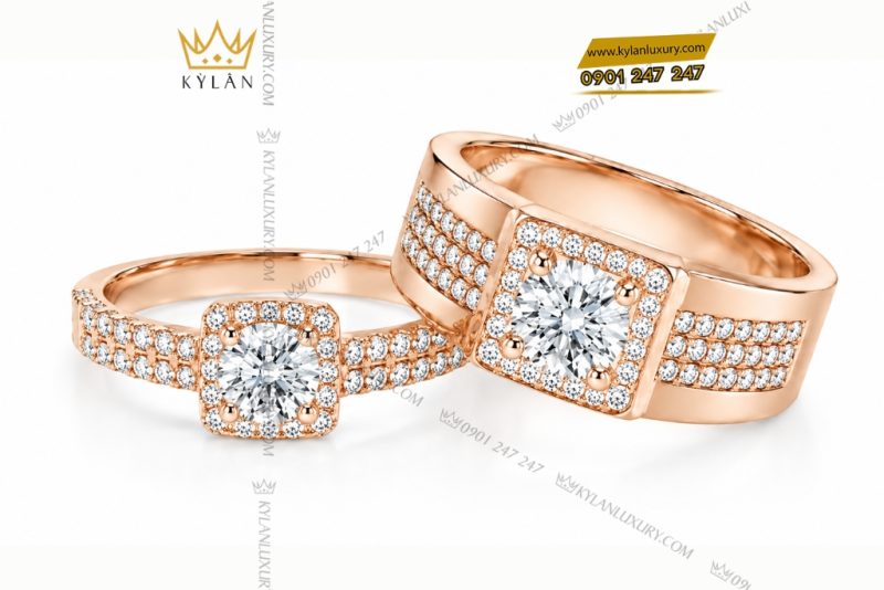 Nhẫn cặp vàng hồng Au750 đính kim cương