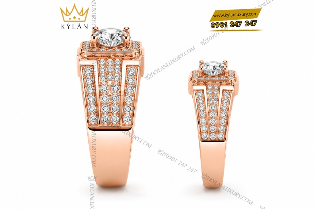 Nhẫn cặp vàng hồng Au750 đính kim cương