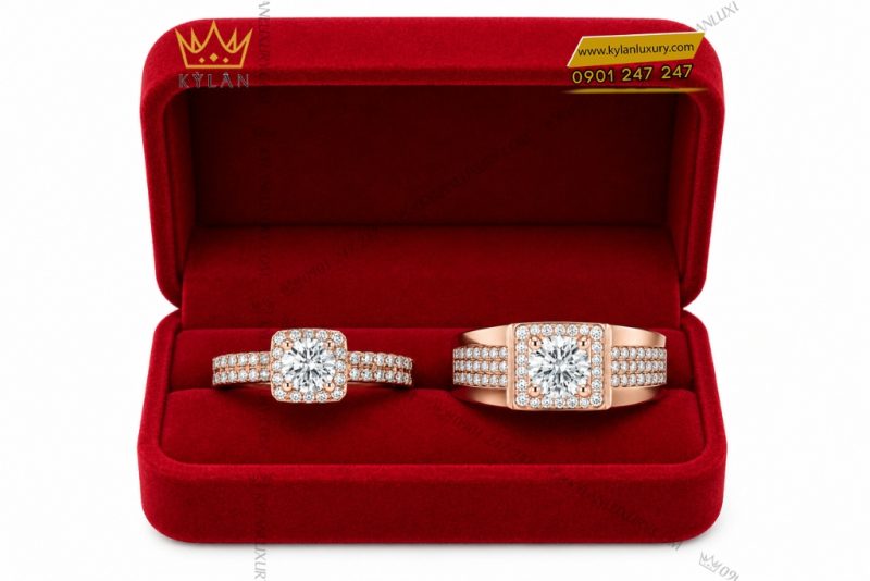 Nhẫn cặp vàng hồng Au750 đính kim cương