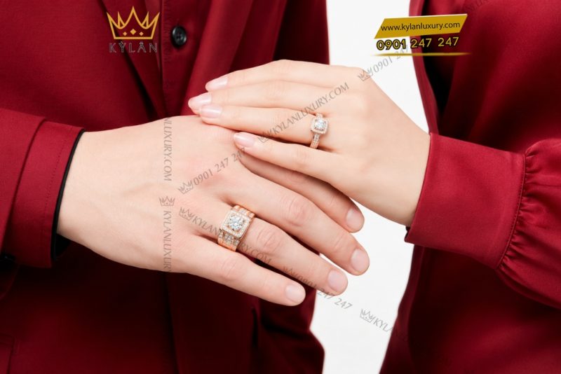Nhẫn cặp vàng hồng Au750 đính kim cương