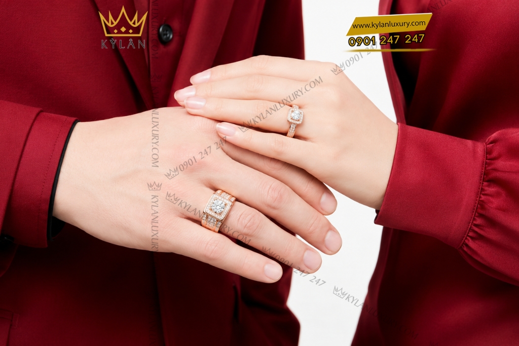 Nhẫn cặp vàng hồng Au750 đính kim cương