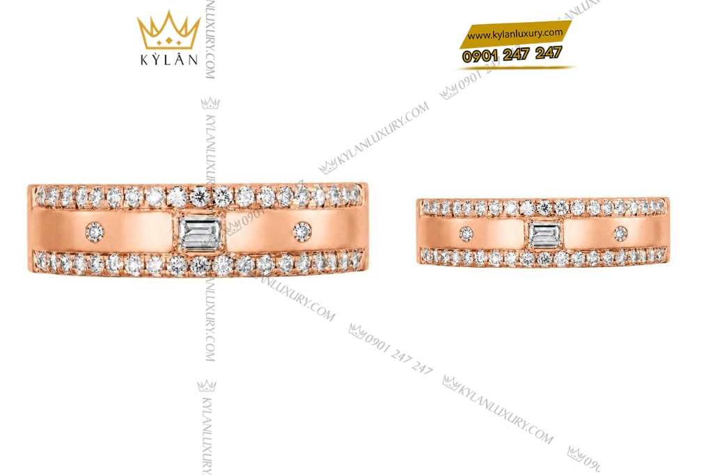 Kỳ Lân Luxury Nhan cap vang hong Au750 dinh kim cuong baguette 2 1 Nhẫn cặp vàng hồng Au750 đính kim cương baguette
