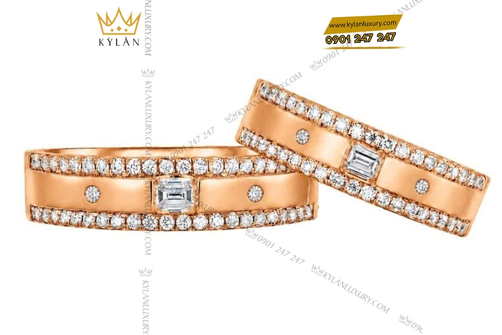 Nhẫn cặp vàng hồng Au750 đính kim cương baguette