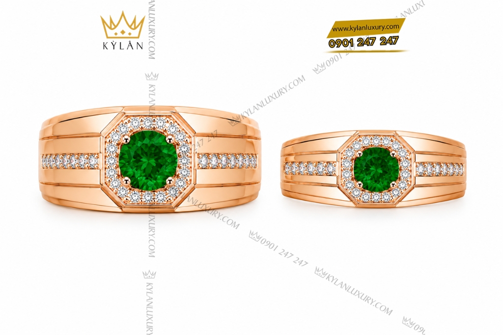 Nhẫn cặp vàng hồng Au750 đính viên chủ sapphire xanh