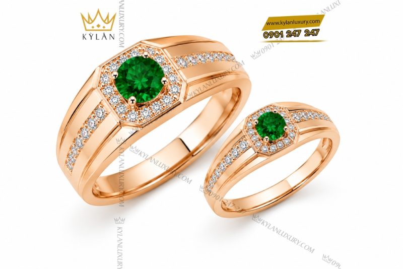 Nhẫn cặp vàng hồng Au750 đính sapphire xanh