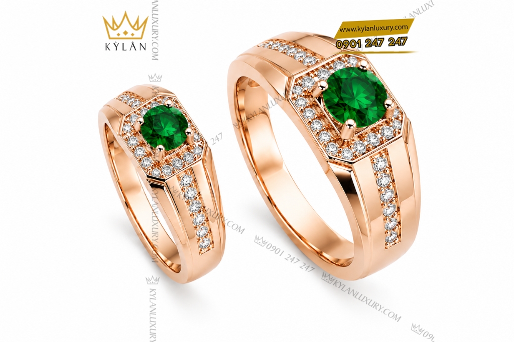 Kỳ Lân Luxury Nhan cap vang hong Au750 dinh vien chu sapphire xanh 3 Nhẫn cặp vàng hồng Au750 đính sapphire xanh