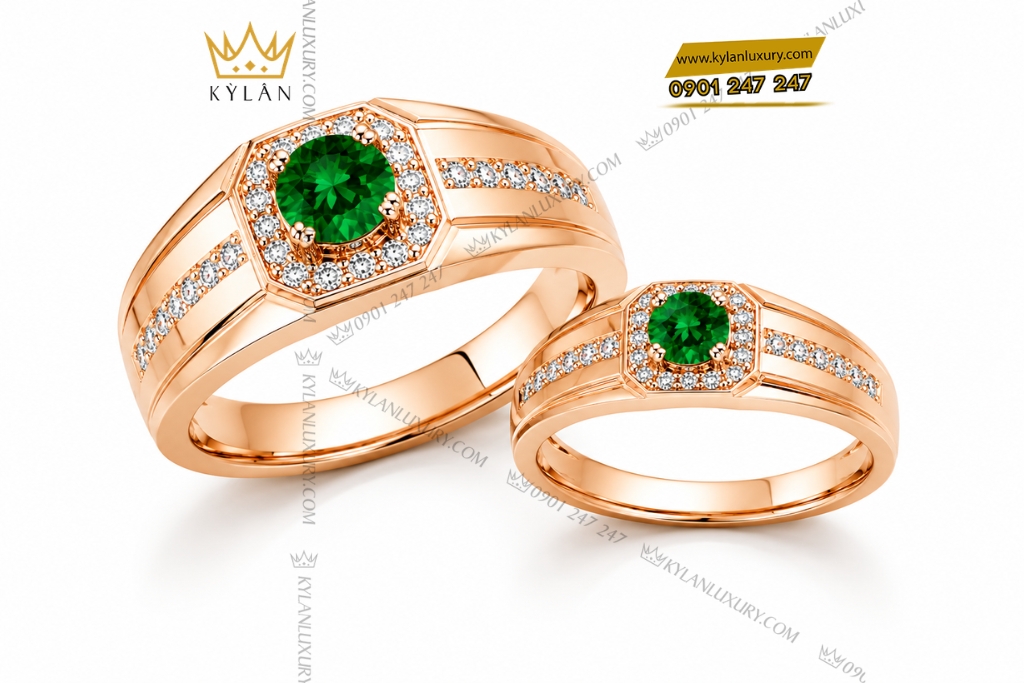 Kỳ Lân Luxury Nhan cap vang hong Au750 dinh vien chu sapphire xanh 4 Nhẫn cặp vàng hồng Au750 đính sapphire xanh