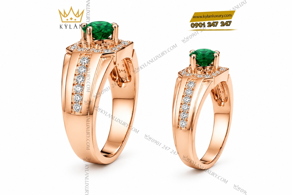 Nhẫn cặp vàng hồng Au750 đính viên chủ sapphire xanh