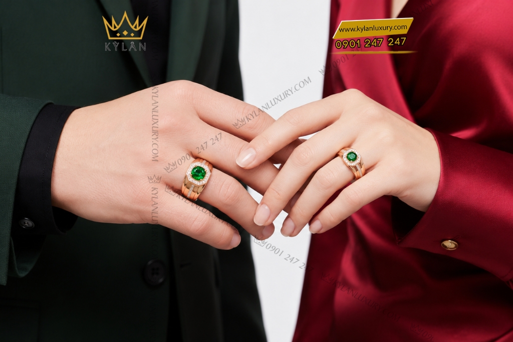 Nhẫn cặp vàng hồng Au750 đính viên chủ sapphire xanh