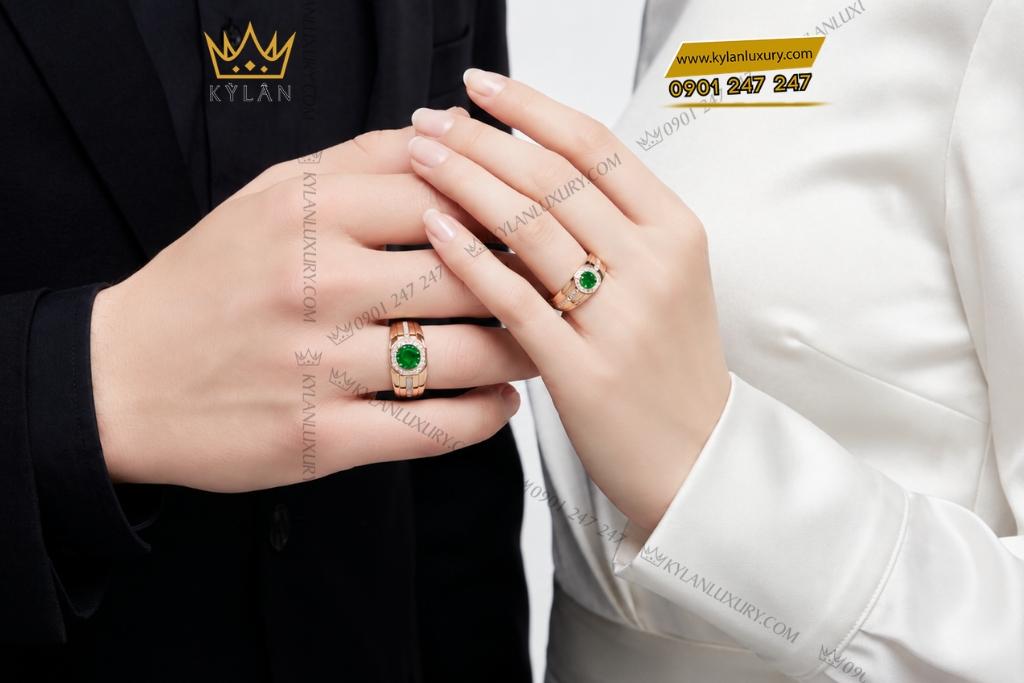 Nhẫn cặp vàng hồng Au750 đính viên chủ sapphire xanh
