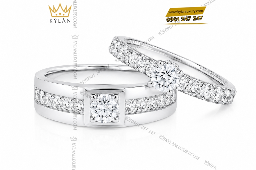 Nhẫn cặp vàng trắng Au750 đính kim cương 9 Kỳ Lân Luxury Nhan cap vang trang Au750 dinh kim cuong 2 Nhẫn cặp vàng trắng Au750 đính kim cương