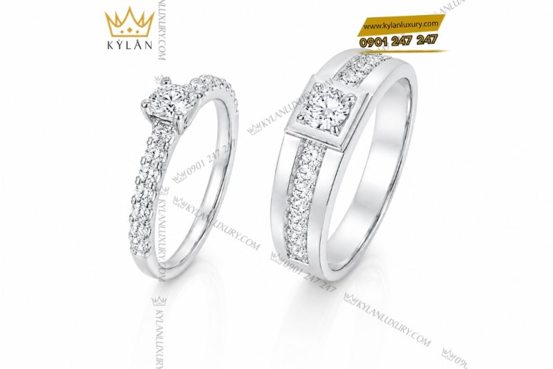 Nhẫn cặp vàng trắng Au750 đính kim cương