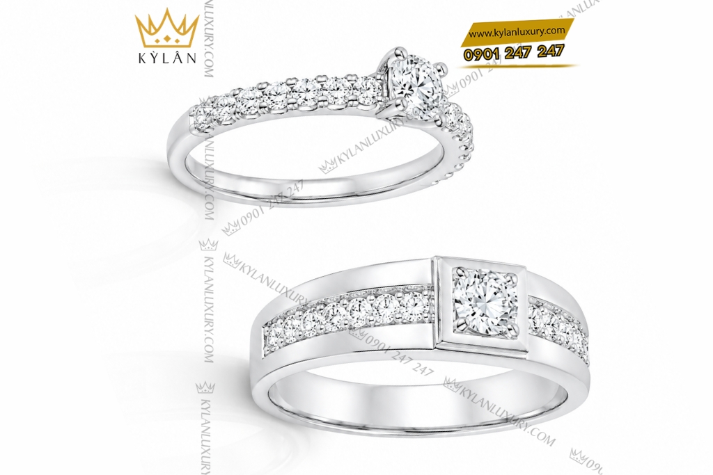 Nhẫn cặp vàng trắng Au750 đính kim cương 11 Kỳ Lân Luxury Nhan cap vang trang Au750 dinh kim cuong 4 Nhẫn cặp vàng trắng Au750 đính kim cương